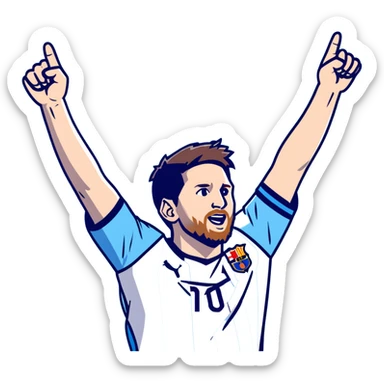 lionel messi celebrating with arms raised wearing a blue and white jersey sticker