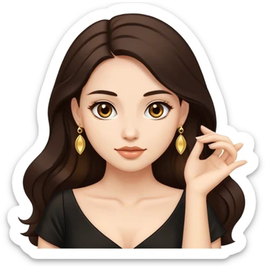 Beautiful woman,cute, long dark brown hair in dark dress with gold earrings sticker