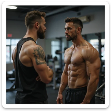 hyperrealistic 4K scene of bodybuilding coach giving advice to a client in a gym, both in sportswear, serious and focused expressions, realistic details, visible gym equipment sticker