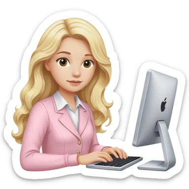 Blonde long wavy hair lady working in a computer with light pink clothes  sticker