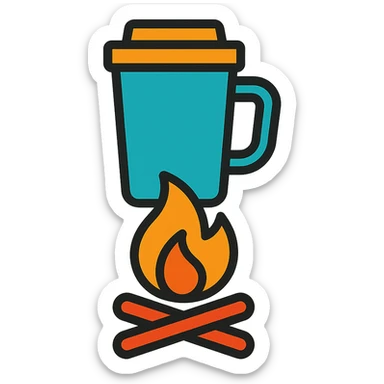 travel mug on a fire, color outline icon style, black outlines sticker