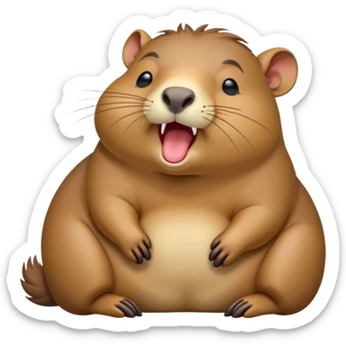 Cinematic Cute Yawning Capybara Portrait Emoji, Head tilted slightly with a dramatic, wide-open yawn, showcasing a plush, rounded body with drowsy, half-closed eyes and a relaxed expression, Simplified yet irresistibly adorable features, highly detailed, glowing with a soft, cozy natural glow, high shine, relaxed yet expressive, stylized with a dash of whimsical charm, soft glowing outline, capturing the essence of a drowsy yet affectionate guardian that seems ready to stretch out for a nap! sticker