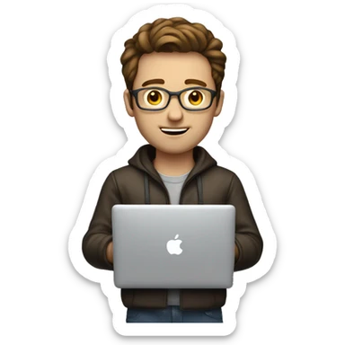 brown haired white man programmer with macbook sticker