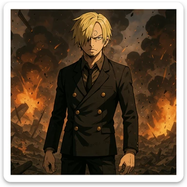 Sanji from One Piece, authentic manga/anime style of One Piece, standing alone in the middle of a chaotic war environment, dramatic lighting, debris and explosions in the background, cinematic scene, no other characters, 1920x1080 sticker