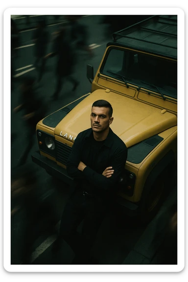 An aerial cinematic shot of me leaning against a yellow land rover defender on the street, wearing a t-shirt under a black jacket. A blurry crowd of people running around me. Gloomy lighting, 35mm film style, shallow depth of field, sharp focus on me.  sticker