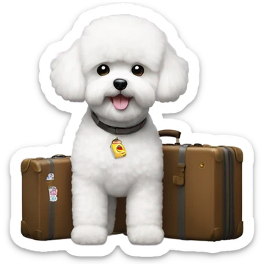 A Bichon Frise standing next to a suitcase filled with iconic places stickers on the suitcase  sticker