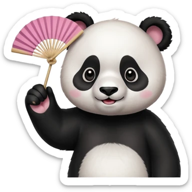 A panda waving a painted fan joyfully, cheeks puffed in excitement.
 sticker
