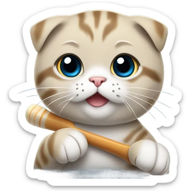Happy Scottish fold girl cat playing hockey  sticker