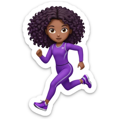 Uma boneca morena escura com olhos castanhos e cabelo cacheado longo até o peito, treinando correndo a roupa roxa com detalhes preto sticker