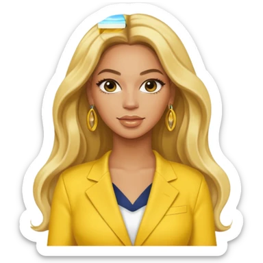 Beyonce with long blonde hair, yellow outfit and earring sticker