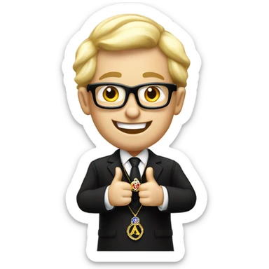 A modern blond , wearing glasses, English Freemason in a black lounge suit, giving a thumbs up , and smiling. He is wearing a Masonic jewel and medal.  sticker