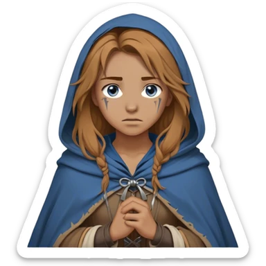 A young human woman with long, unkempt golden-brown hair, piercing blue-gray eyes filled with quiet determination. Dressed in a worn tunic and a tattered cloak, her calloused hands grip a bow, a hunter surviving against the odds. sticker