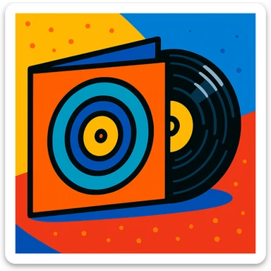 vinile con disco, stile cartoon vibrante, colori vivaci sticker
