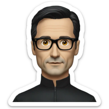 photo realistic Ralf Hutter from Kraftwerk, short straight black hair, black glasses, Tesla T-shirt sticker