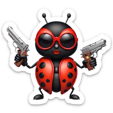 an evil ladybug with dark sunglasses and a pistol sticker