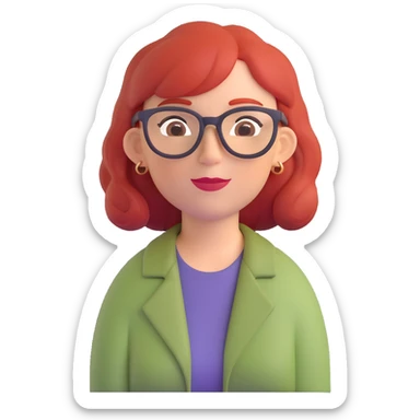 A middle-aged woman with red hair and glasses sticker