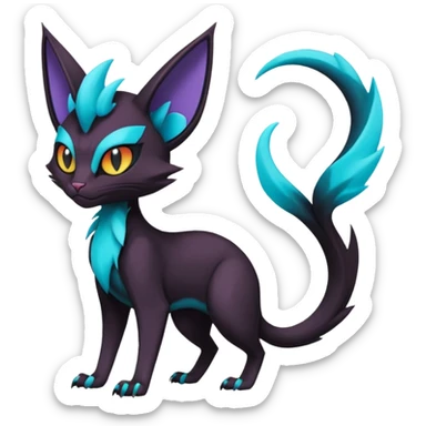 Black and cyan edgy Noivern-Noibat-Purloin-Torracat-Lykoi-Caracal-cat-Fakemon-fusion-hybrid-creature, full body sticker
