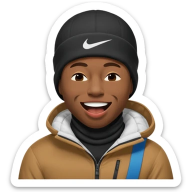 black guy with nike ski mask on squinching his face with his mouth closed trying to hold his laugh with his eyes closed sticker