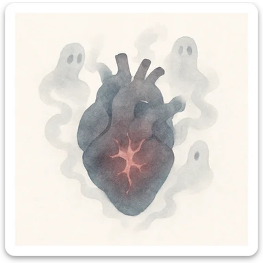a cursed monster heart, pulsating with dark energy, surrounded by ghostly mist, in a painterly fantasy style sticker