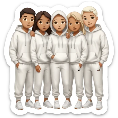 four mixed race friends all wearing white oversized hoodies with the all of the hoods up, white sweatpants, and white slides huddled together hugging sticker