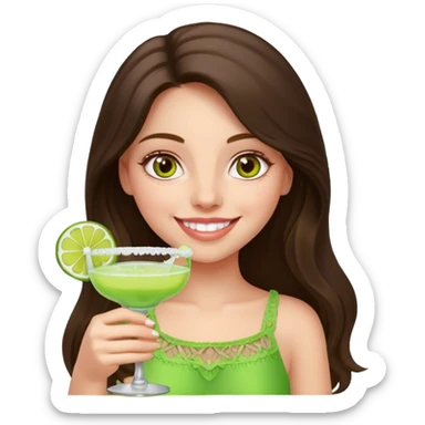 happy long haired brunette girl hazel eyes in light pink holding a margarita   sticker