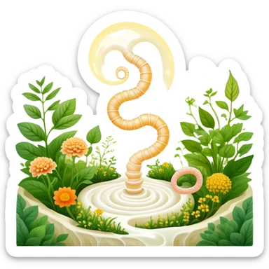 Magical garden with yogurt, kimchi, and kombucha appearing as glowing plants. A spiral intestine forms the center path, with golden beneficial bacteria floating like pollen and light seeds. The scene has an ethereal, dreamy quality representing the inner ecosystem. sticker