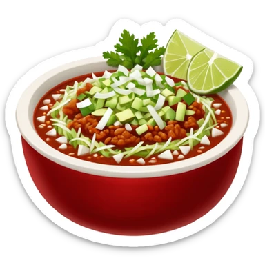 A delicious hot bowl of pozole rojo with separate sides: white chopped onions, green shredded cabbage, lime wedges, red chile de arbol salsa, and tostadas sticker