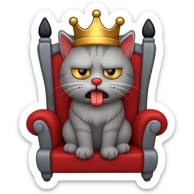 A gray cat with a black nose sitting on a throne looking at the world with disgust, emoji style, with a crown sticker