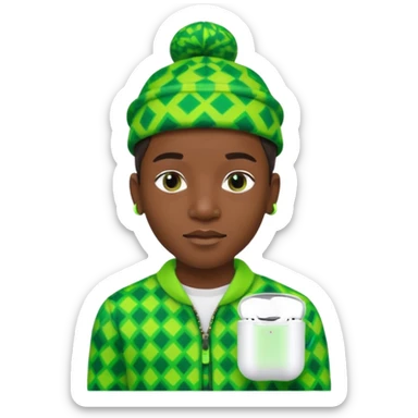 Create me an detailed emoji of a cool Young Nigerian prince wearing a neon green gradient African patterns with  a hat (a Nigerian-inspired patterned hat) and apple airpods sticker