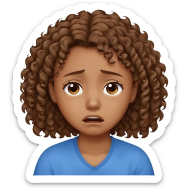young curly hair girl, brown hair, with a blue shirt, in despair crying sticker