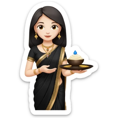 Russian girl in Indian black saree with full image from head to leg and holding a cream colour small tray in her both hands sticker