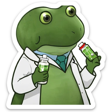 doctor holding a bottle of green and white medicine capsules sticker