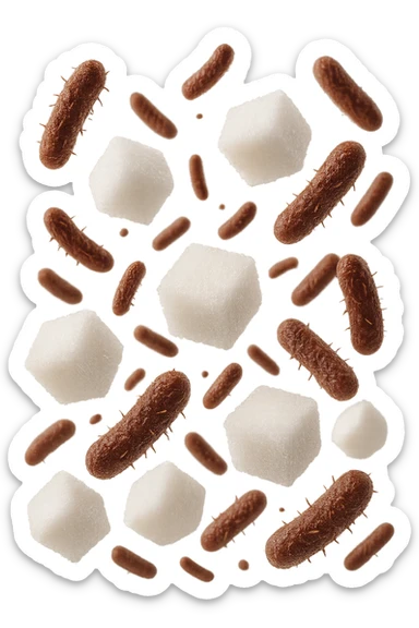 ZOLLETTE DI ZUCCHERO FLUTTUANO IN ARIA INSIEME A BATTERI INTESTINALI REALISTICI
IPERREALISTICO 4K, SFONDO BIANCO sticker