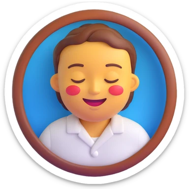 3D render of a smiling face emoji with closed eyes, glossy and realistic, as the head on a human body wearing a white shirt, centered in a circular frame with a solid vibrant blue background, playful and slightly surreal style, smooth lighting, soft shadows sticker