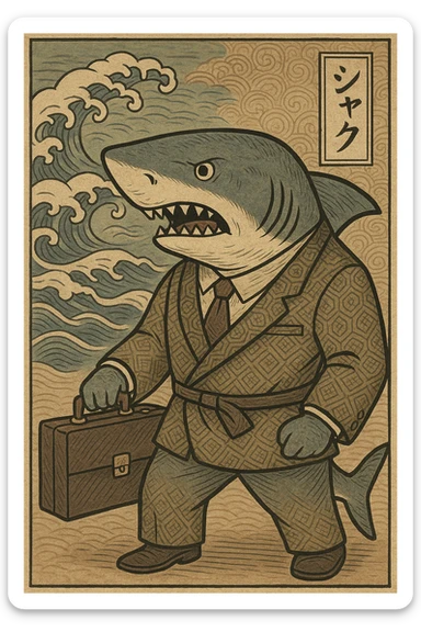 a stylized shark in a business suit holding a briefcase, representing the concept of 'Shark Tank', ukiyo-e style, creative illustration sticker