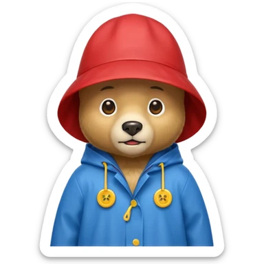 A bear in a red rain hat and a blue raincoat with yellow buttons down the middle sticker