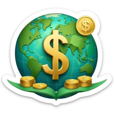 An icon featuring  a dollar sign, and a chart with upward trends, symbolizing economics. The design includes coins, bills, and earth e, representing global trade and financial systems. Transparent background highlights the study of markets, supply, and demand. sticker