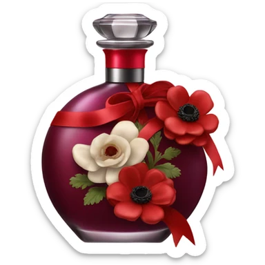 Dark red romantic perfume bottle with red anemones and a silk red ribbon sticker
