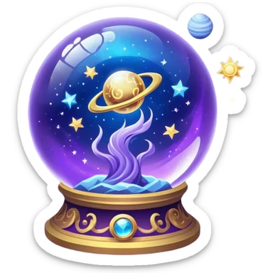 A mystical, glowing crystal ball with swirling sparkles, surrounded by zodiac signs and planets floating in space, all set against a transparent background. Use bright purples, blues, and golds to create a magical, mysterious vibe. sticker