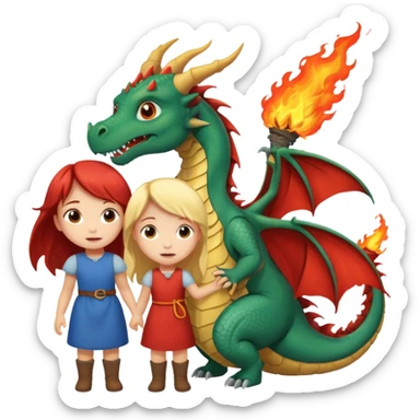 dragon burning down a house and two little girls rescuing the dragon sticker