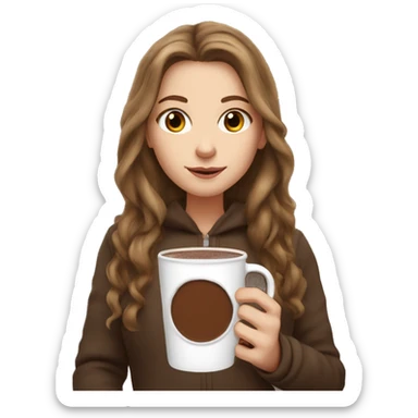 white girl with brown long hair and a hot chocolate sticker