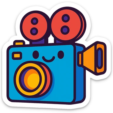cute film camera, vibrant toon style, smiling face, bright colors sticker