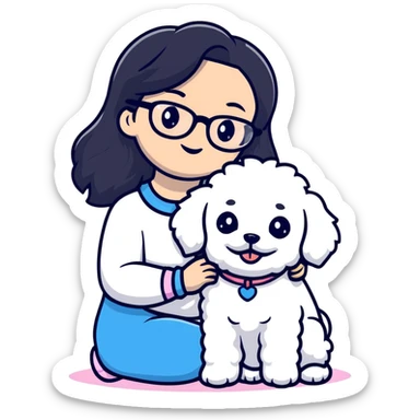 Girl with long black hair and glasses holding a white Bichon Frise dog sticker
