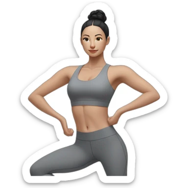 Pale skinned fit woman In a gray tight yoga suit and wristbands With black hair in a bun doing yoga sticker