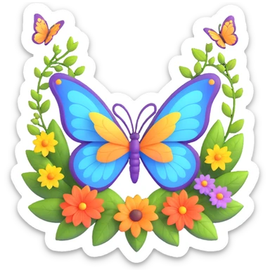 Add glowing leaves among the flowers and around the butterfly, maintaining the magical, 3D cartoon, digital fantasy art style. Keep the transparent background and all existing effects including flowers, glowing outlines, sparkling accents, magical particles, and elegant wings. sticker