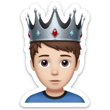 grey boy head with right eye blue and left eye red. he has messy brown hair and a silver crown with rubies on it sticker