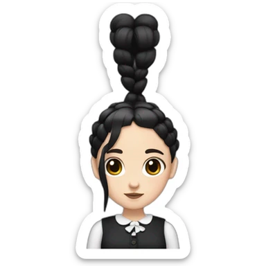 girl with dark hair and two braids and with dark brown eyes in Wednesday Addams style sticker