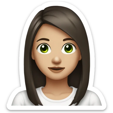 very pretty teenage girl, around 17 years old, dark brown hair with long bob and green eyes, she is wearing a white t-shirt sticker