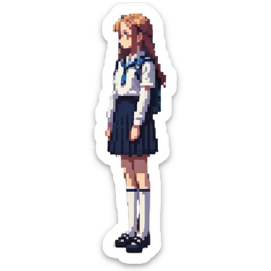 slender schoolgirl in navy uniform in classroom at sunset with dramatic shadows, one desk pulled out, gazing at window, feeling of longing sticker