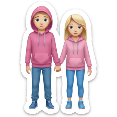 full-length happy couple, girl with long blonde hair and blue eyes in pink hoodie, boy with brown hair in gray hoodie sticker